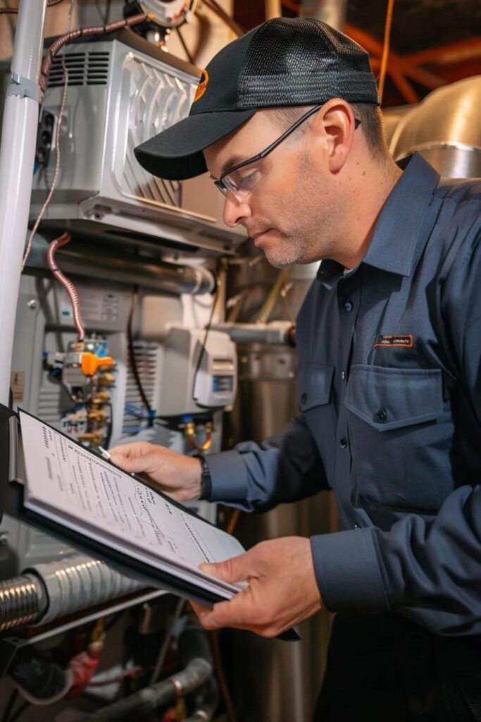 Maintenance checklist next to furnace parts&mdash;showing preventative care for reliable heating