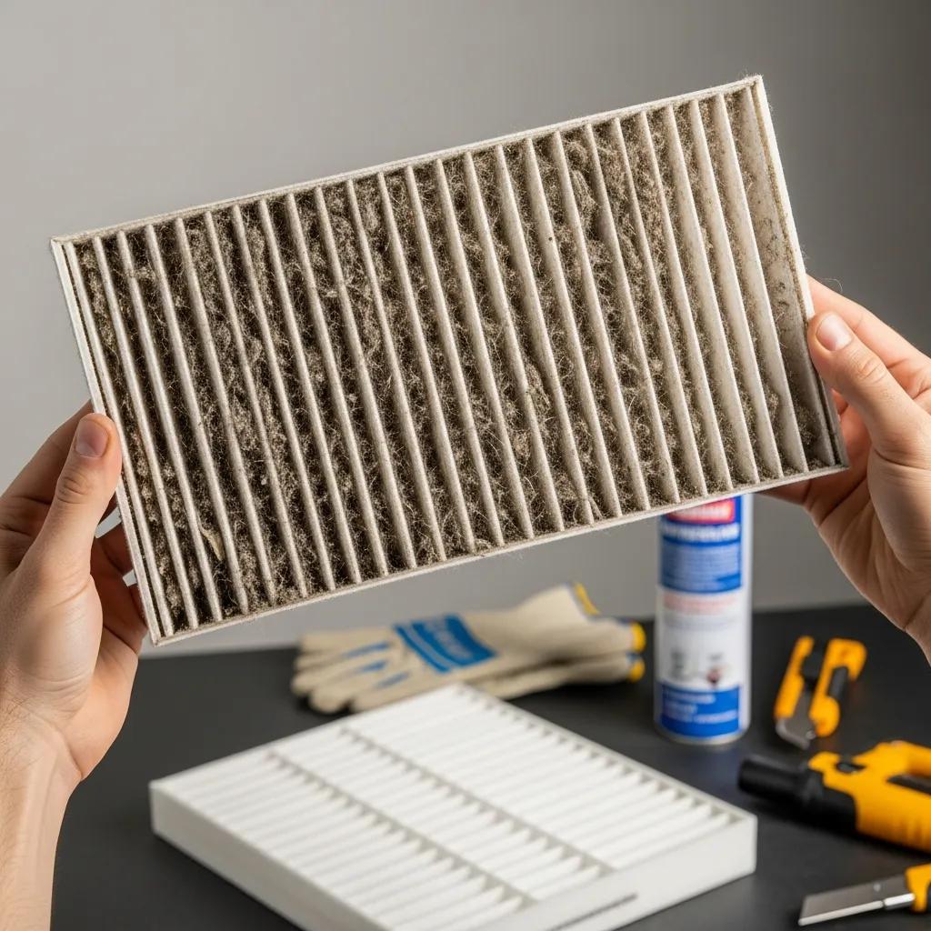 Close-up of a used furnace filter showing dirt — a reminder to check and replace filters regularly