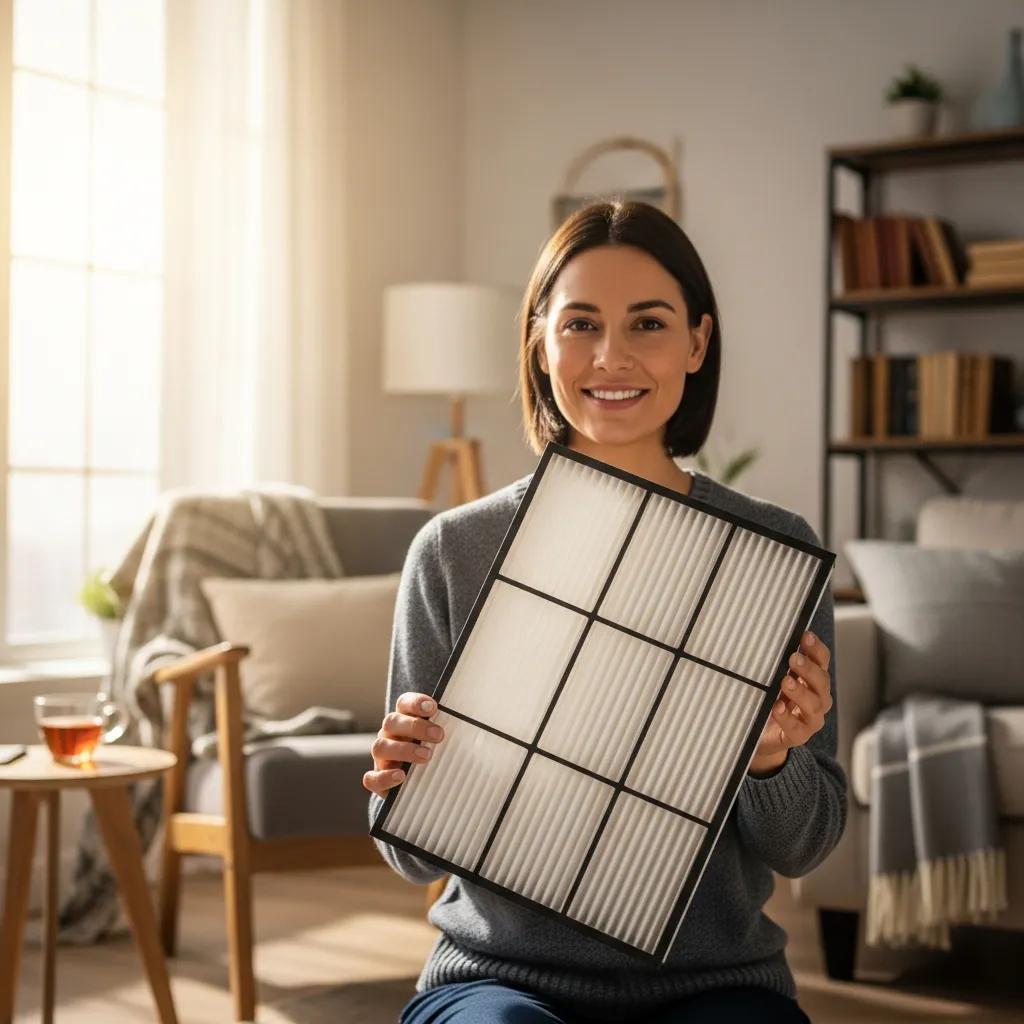 Modern furnace filter held by a homeowner in a cozy living room, highlighting air quality importance