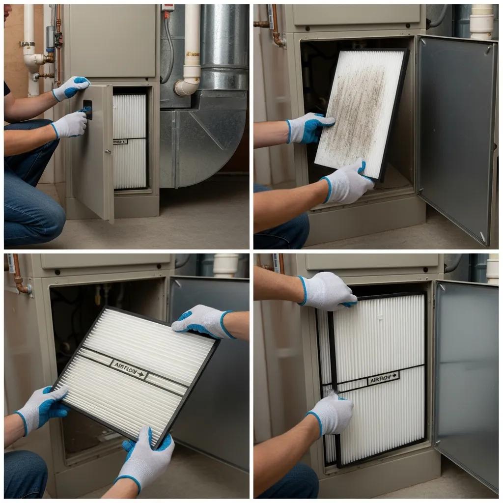 Person replacing a furnace filter safely, demonstrating the step-by-step process in a home setting