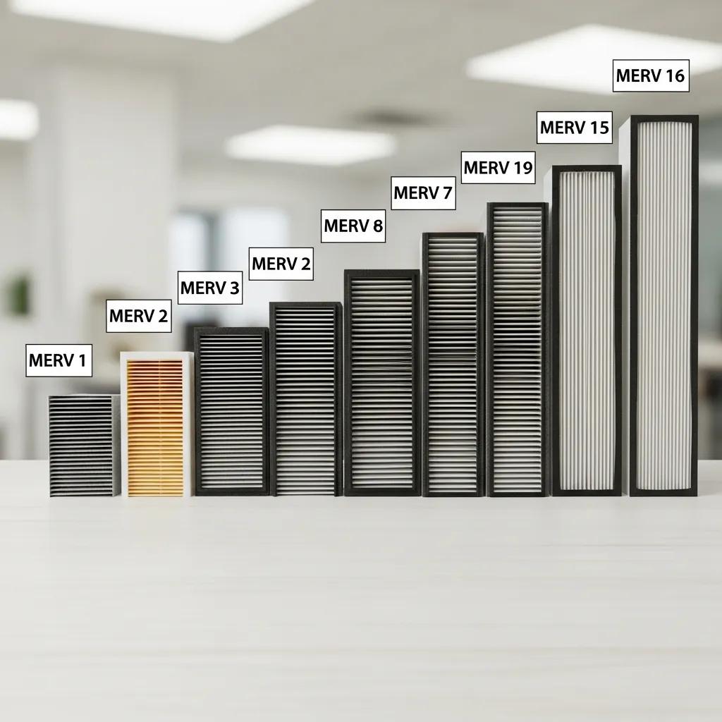 Various furnace filters showcasing different MERV ratings, illustrating filtration capabilities