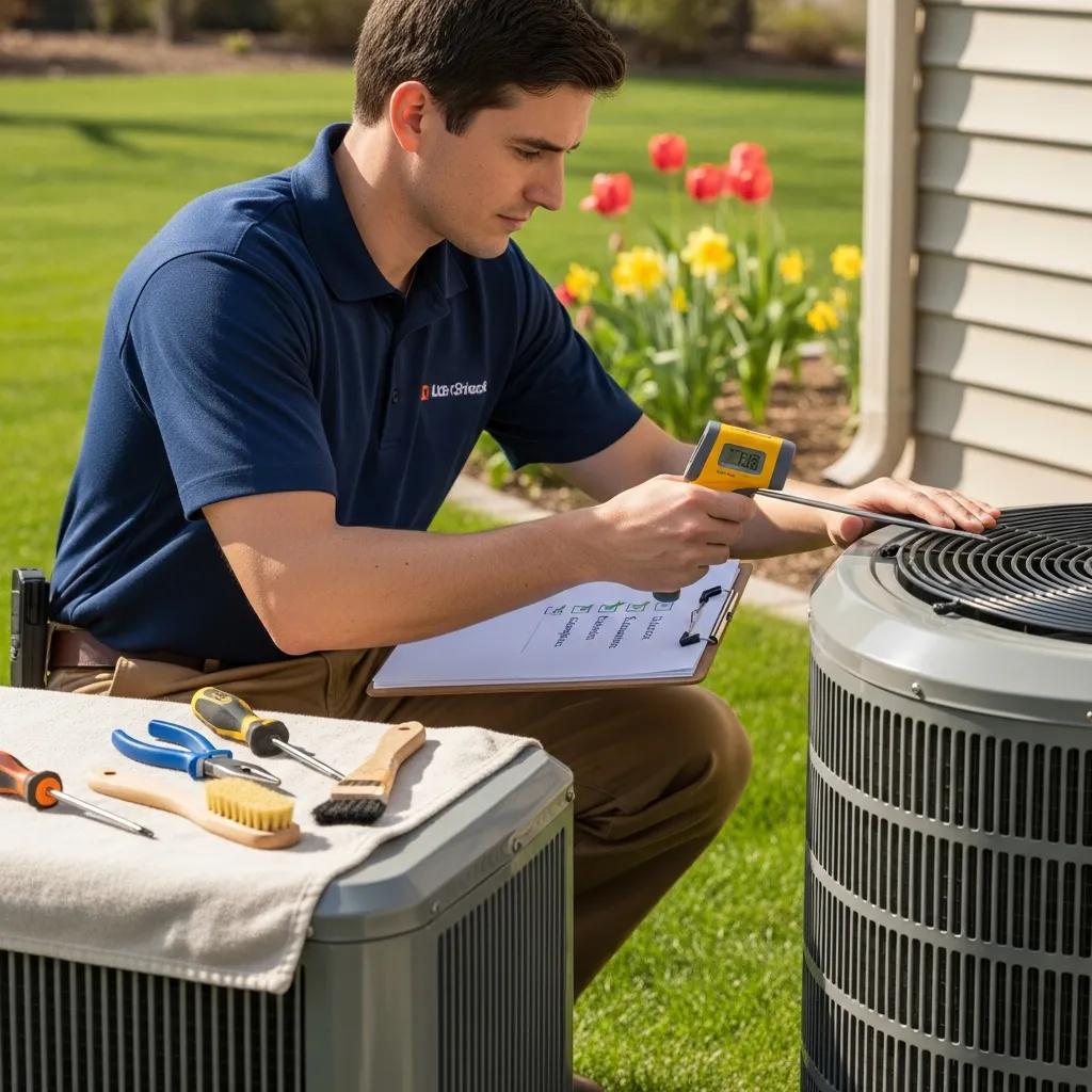 Your Spring HVAC Preparation Checklist 2 HVAC technician inspecting air conditioning unit with tools and checklist