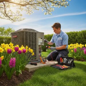 Home 23 Technician performing HVAC maintenance in a spring setting with blooming flowers
