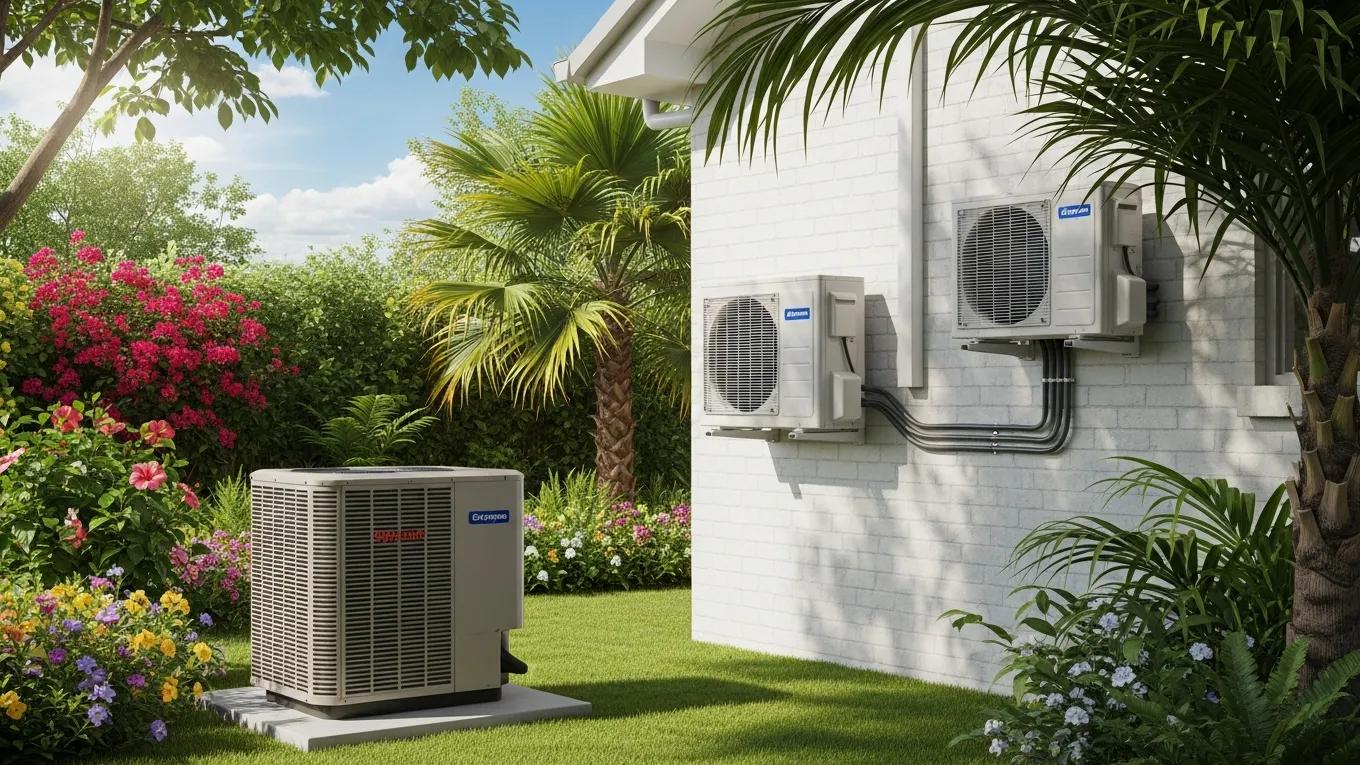 Variety of air conditioning units in a residential setting, showcasing energy-efficient cooling options