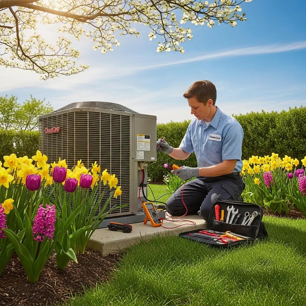 technician performing hvac maintenance in a spring setting with blooming flowers bea de e bc fefe